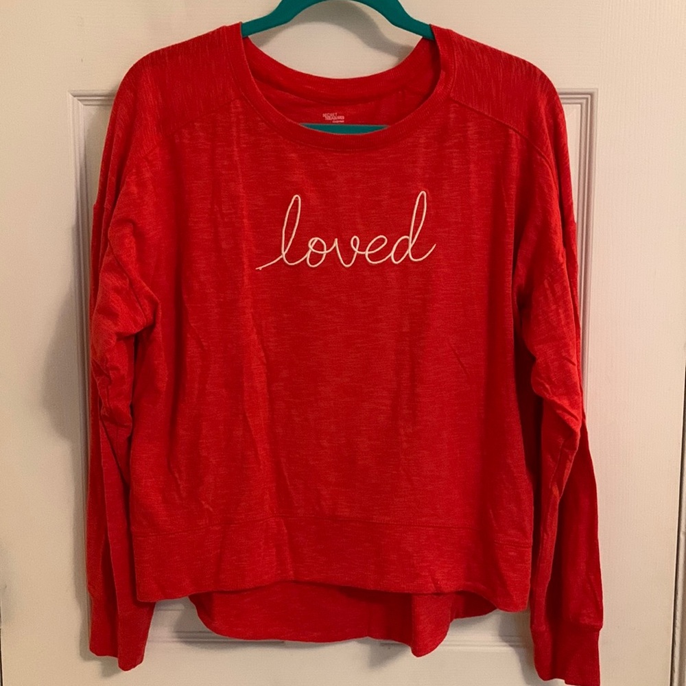 Dropped-shoulder Long-sleeve Secret Treasures Red Sleep Shirt, “Loved”